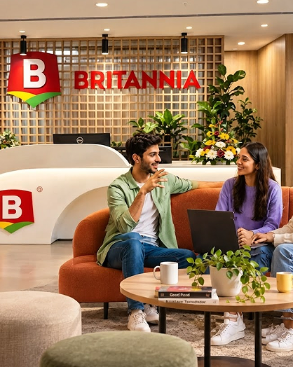 Britannia team members talking in the office lounge